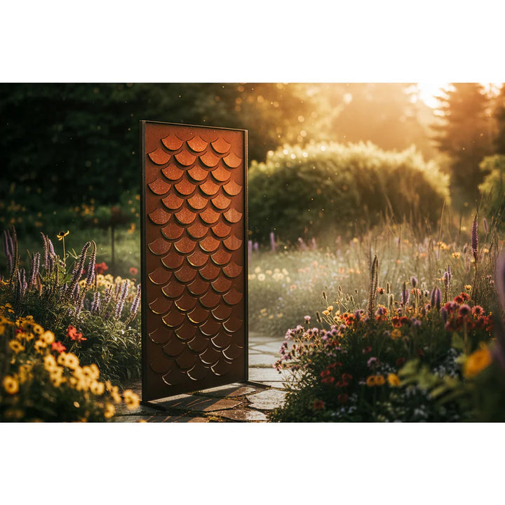 Sichtschutzwand Schuppen – dekorativer Garten Sichtschutz aus Edelrost Metall