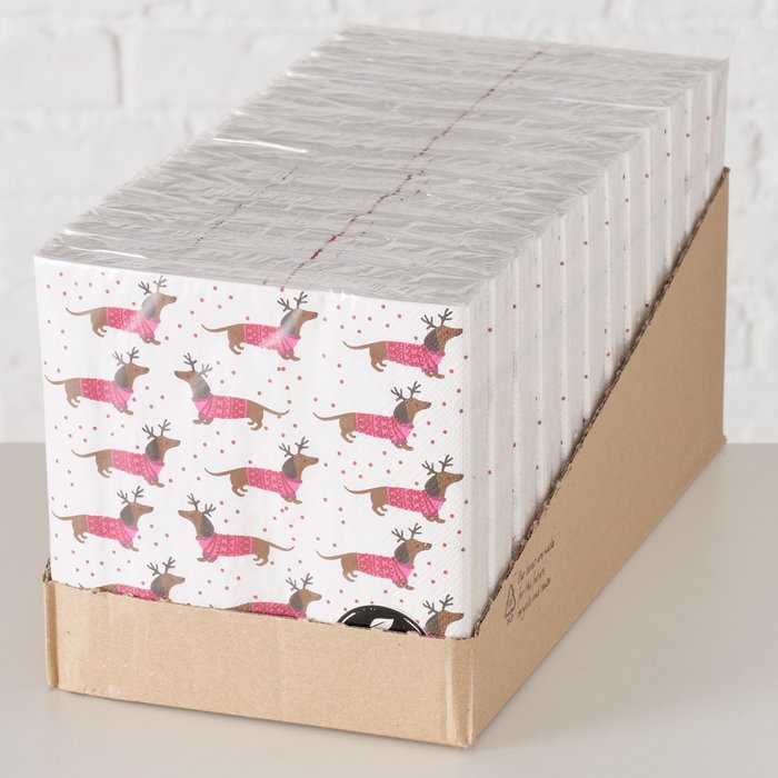 Servietten Freddy – weihnachtliche Papierservietten mit Dackel Motiv in Pink