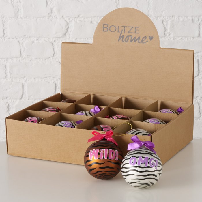 Weihnachtskugeln Zebra 12er Set aus Glas, handgemalt, 9 cm hoch