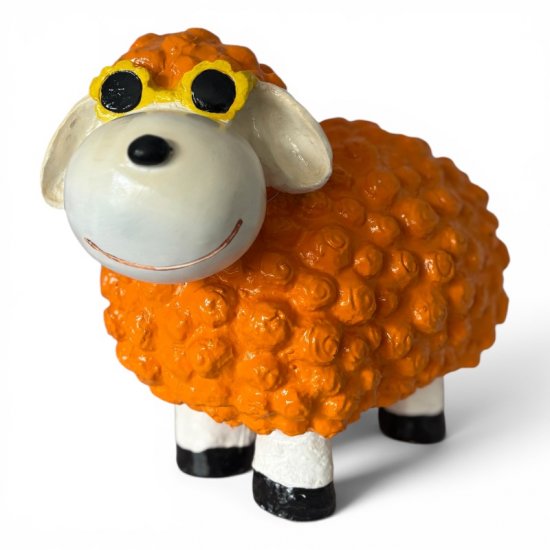 Deko Schaf mit Blumenbrille Orange aus Kunstharz – originelle Tierfigur für Haus und Garten