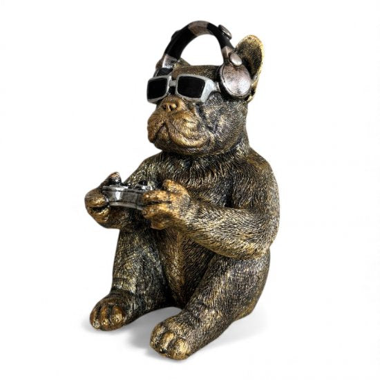 Dekofigur Bulldogge Gamer – originelle Tierfigur aus Kunstharz in Gold und Braun
