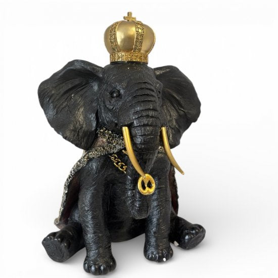Dekofigur Elefant König – majestätische Tierfigur aus Kunstharz in Schwarz und Gold