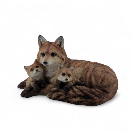 Fuchs Figur mit zwei Jungtieren aus Kunstharz – naturgetreue Tierfigur für Garten und Wohnraum, 39 cm