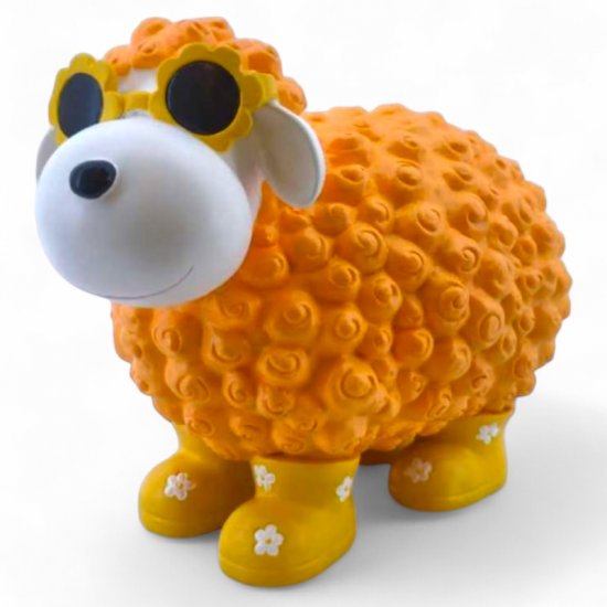 Deko Schaf mit Blumenbrille Orange aus Polyresin – fröhliche Tierfigur für Haus und Garten