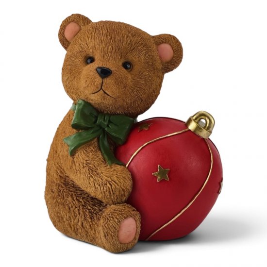Bär mit Kugel groß, dekorative Weihnachtsfigur aus Kunstharz, 28 cm