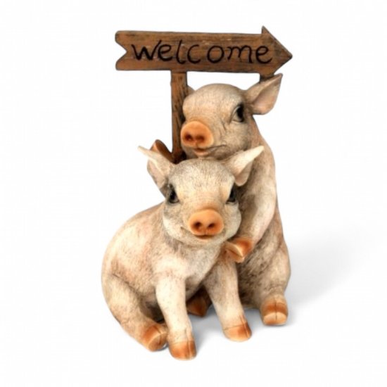 Schweine Figuren mit Welcome Schild aus Kunstharz – dekorative Willkommensfigur, 22 cm