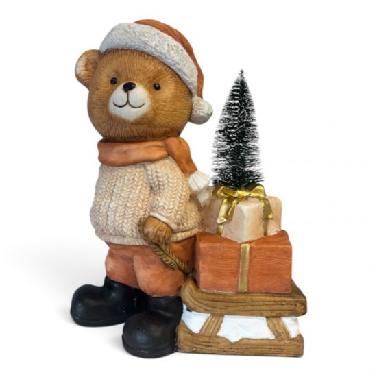 Weihnachtsbär mit Schlitten und Geschenken, dekorative Weihnachtsfigur aus Kunstharz, 39 cm