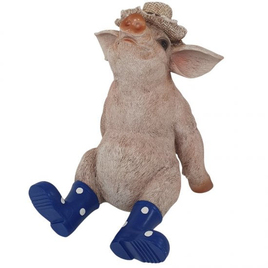 Schwein Figur mit Hut und Gummistiefeln – lustige Dekofigur für Garten und Wohnraum, 27 cm