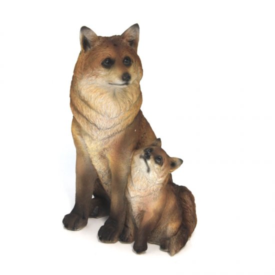 Fuchs Figur mit Jungtier aus Kunstharz – naturgetreue Tierfigur für Garten und Wohnraum, 33 cm