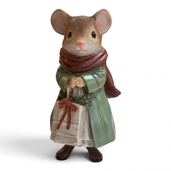 Maus mit Tasche groß – dekorative Tierfigur aus Kunstharz, 28,5 cm