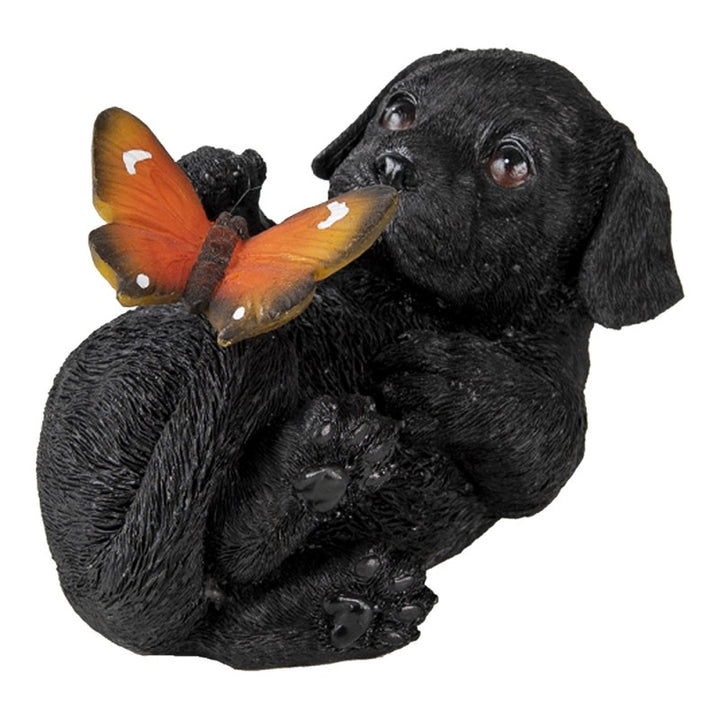 Dekofigur Hund mit Schmetterling – liebevolle Tierfigur aus Polyresin in Schwarz