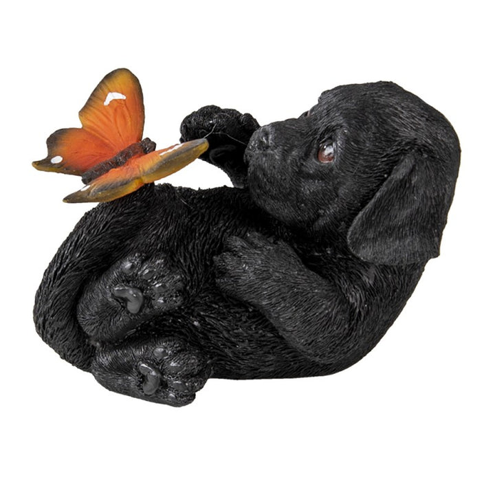 Dekofigur Hund mit Schmetterling – liebevolle Tierfigur aus Polyresin in Schwarz