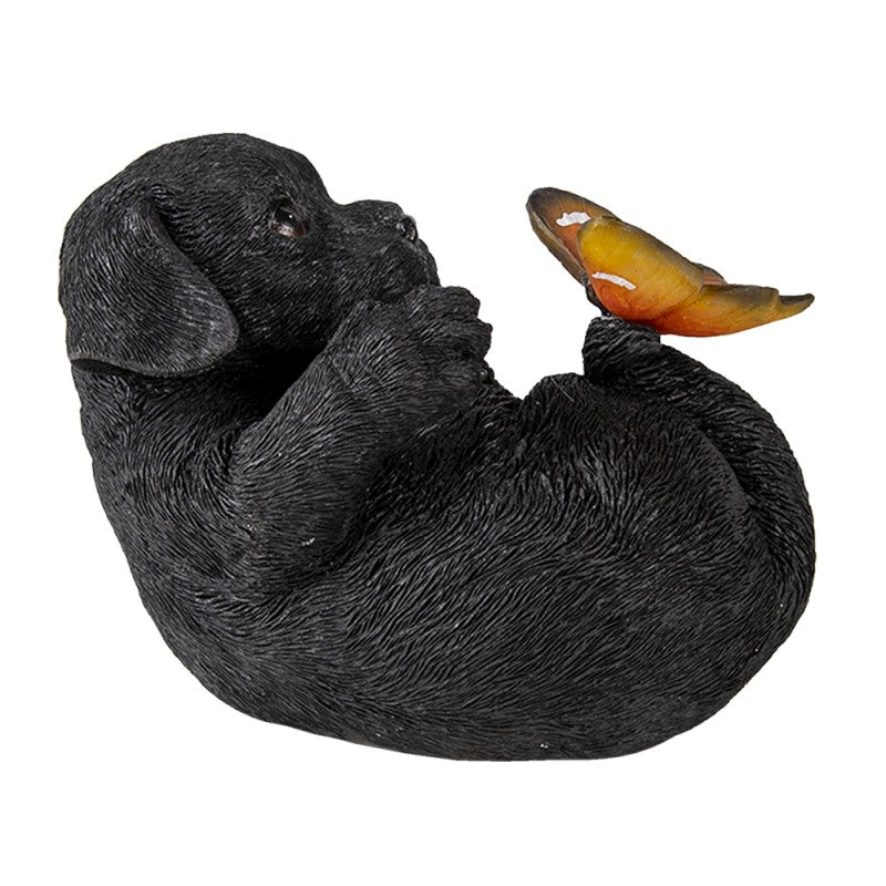 Dekofigur Hund mit Schmetterling – liebevolle Tierfigur aus Polyresin in Schwarz