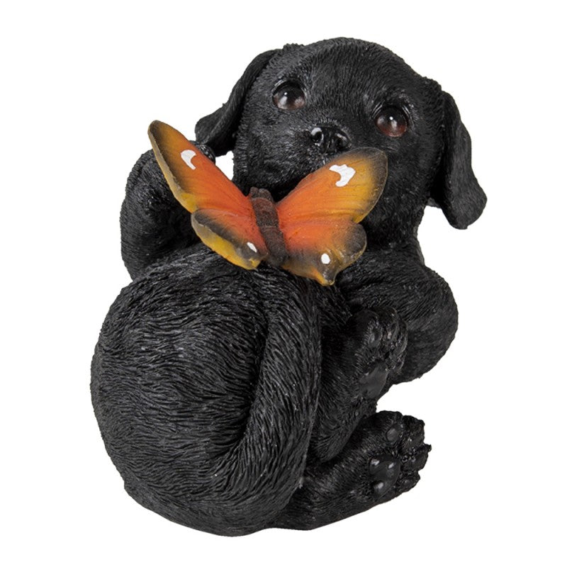 Dekofigur Hund mit Schmetterling – liebevolle Tierfigur aus Polyresin in Schwarz