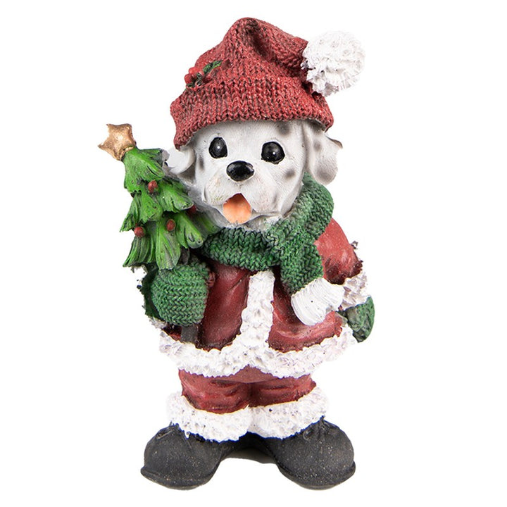 Dekofigur Hund Weihnachten – festliche Tierfigur aus Polyresin in Rot und Grün
