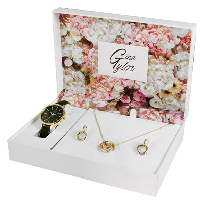 Gina Tylor Damengeschenkset mit Armbanduhr, Halskette und Ohrringen, dunkelgrün/goldfarbig - Luxurelle-Shop