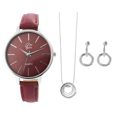 Gina Tylor Damengeschenkset mit Armbanduhr, Halskette und Ohrringen, dunkelrot/silberfarbig - Luxurelle-Shop