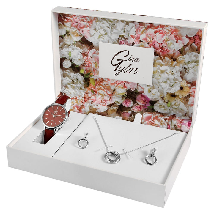Gina Tylor Damengeschenkset mit Armbanduhr, Halskette und Ohrringen, dunkelrot/silberfarbig - Luxurelle-Shop