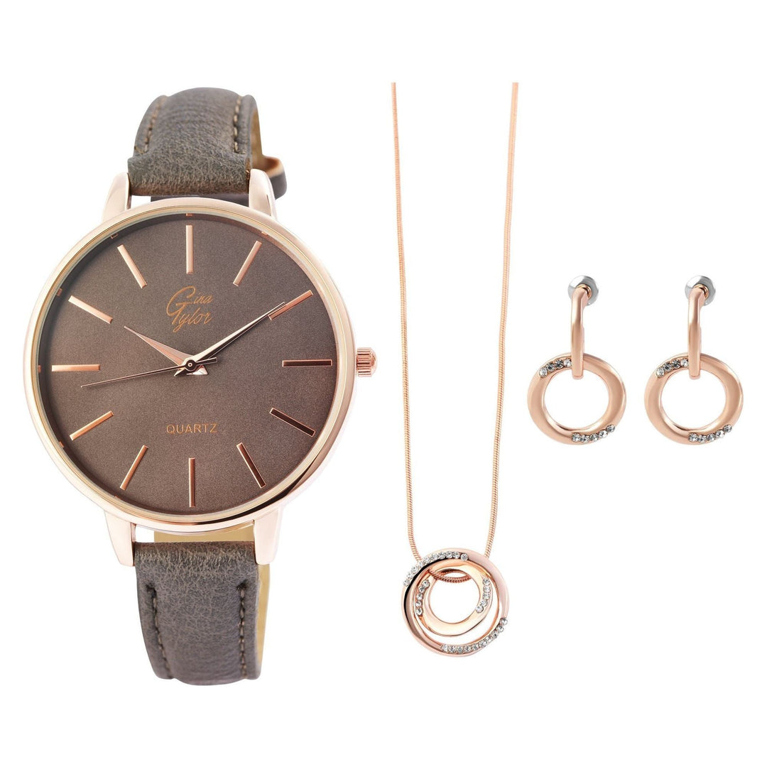 Gina Tylor Damengeschenkset mit Armbanduhr, Halskette und Ohrringen, grau/roségoldfarbig - Luxurelle-Shop