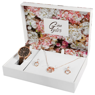 Gina Tylor Damengeschenkset mit Armbanduhr, Halskette und Ohrringen, grau/roségoldfarbig - Luxurelle-Shop