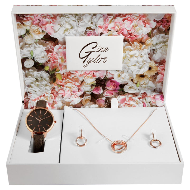 Gina Tylor Damengeschenkset mit Armbanduhr, Halskette und Ohrringen, grau/roségoldfarbig - Luxurelle-Shop