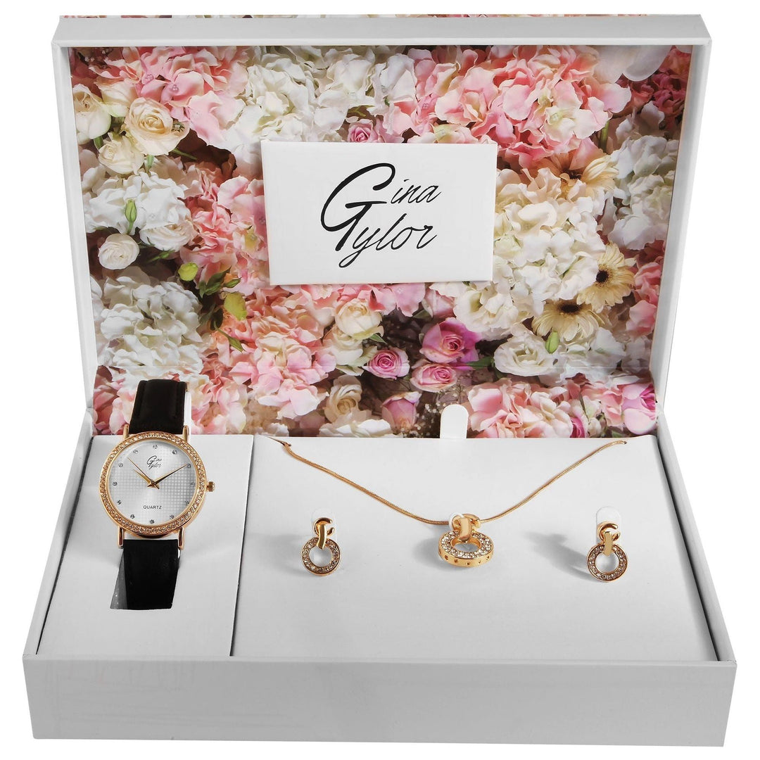 GinaTylor Damengeschenkset mit Armbanduhr, Halskette und Ohrringen, schwarz/goldfarbig - Luxurelle-Shop
