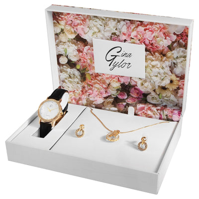 GinaTylor Damengeschenkset mit Armbanduhr, Halskette und Ohrringen, schwarz/goldfarbig - Luxurelle-Shop
