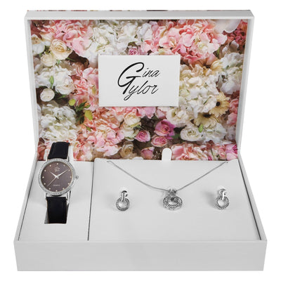 GinaTylor Damengeschenkset mit Armbanduhr, Halskette und Ohrringen,dunkelblau/silberfarbig - Luxurelle-Shop