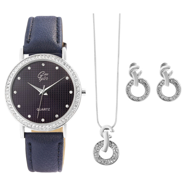 GinaTylor Damengeschenkset mit Armbanduhr, Halskette und Ohrringen,dunkelblau/silberfarbig - Luxurelle-Shop