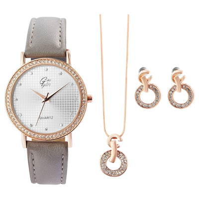 GinaTylor Damengeschenkset mit Armbanduhr, Halskette und Ohrringen,grau/roségoldfarbig - Luxurelle-Shop