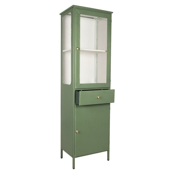 Vitrinenschrank Grün – moderner Metallschrank mit Glastür und Stauraum