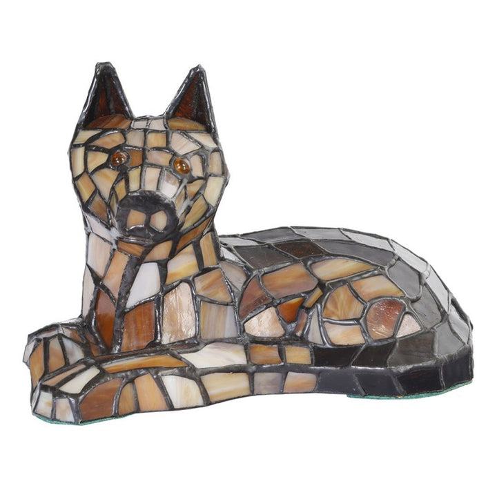 Tiffany Tischlampe Hund – kunstvolle Designlampe aus Glas in Braun