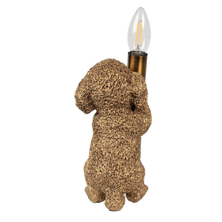 Tischlampe Hund – kompakte Tierlampe in Gold mit sichtbarer Fassung