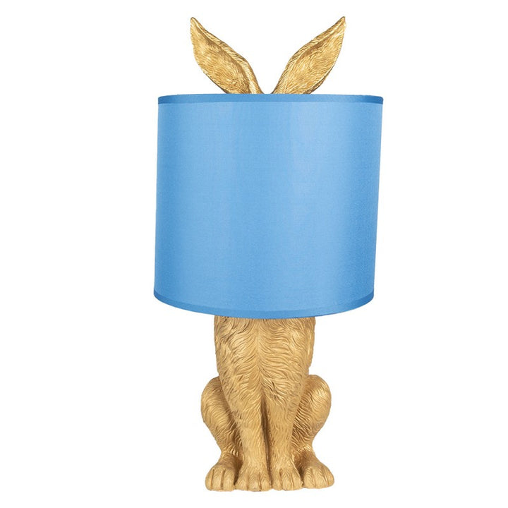 Tischlampe Kaninchen – stilvolle Designlampe aus Polyresin in Gold mit blauem Lampenschirm