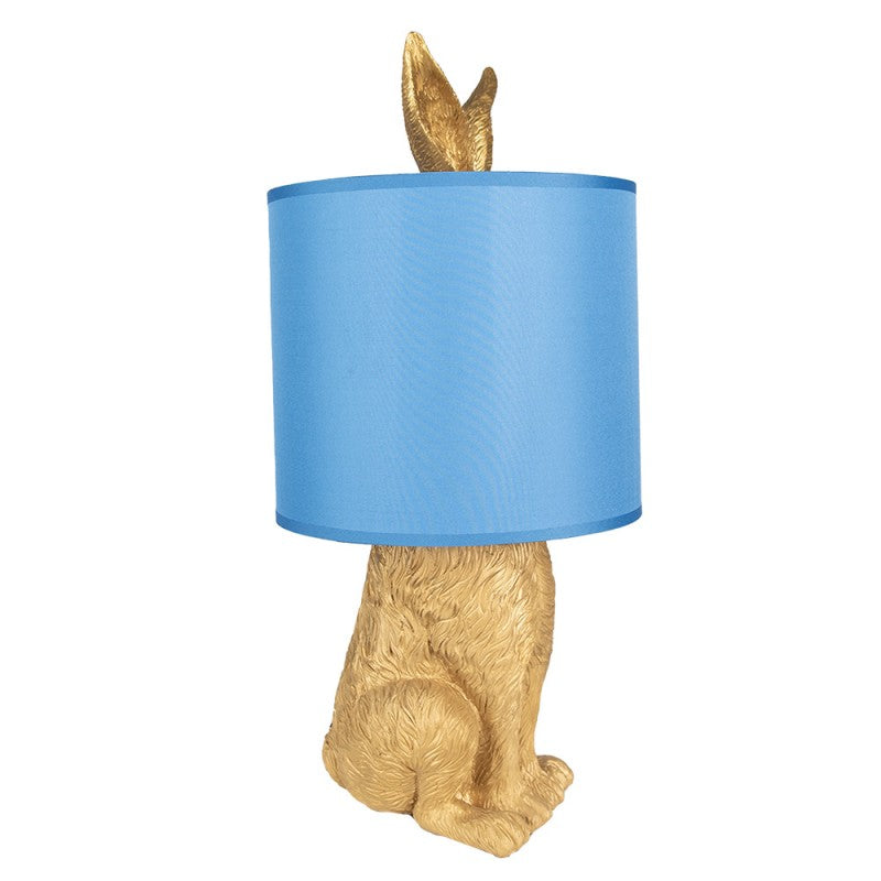 Tischlampe Kaninchen – stilvolle Designlampe aus Polyresin in Gold mit blauem Lampenschirm