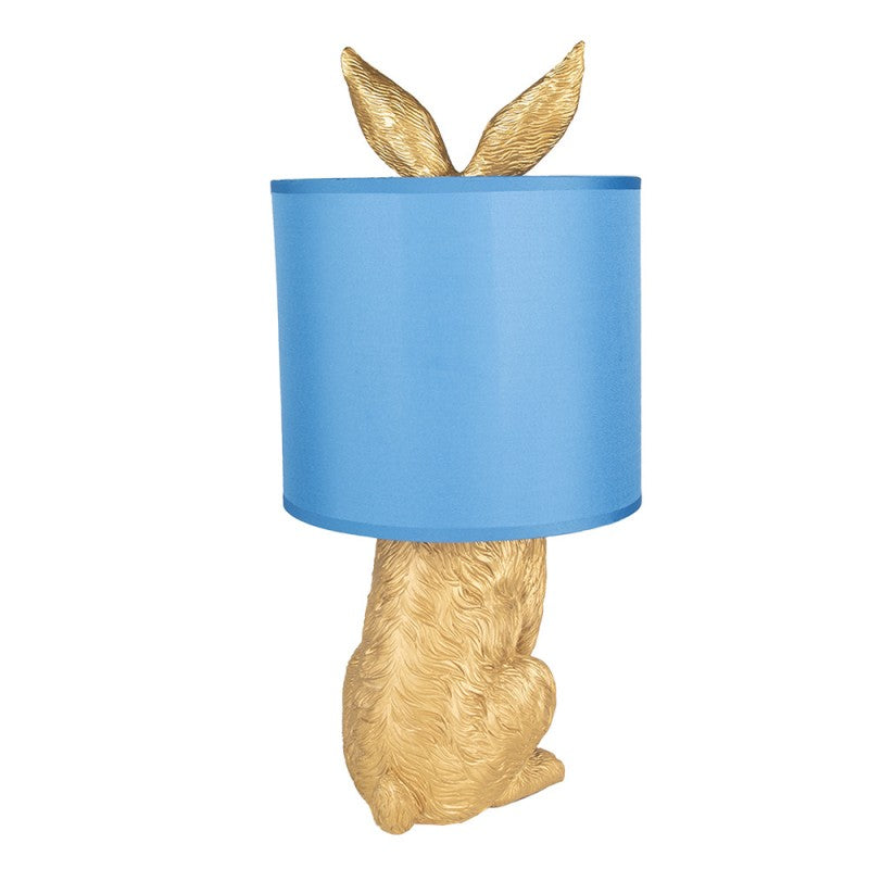 Tischlampe Kaninchen – stilvolle Designlampe aus Polyresin in Gold mit blauem Lampenschirm