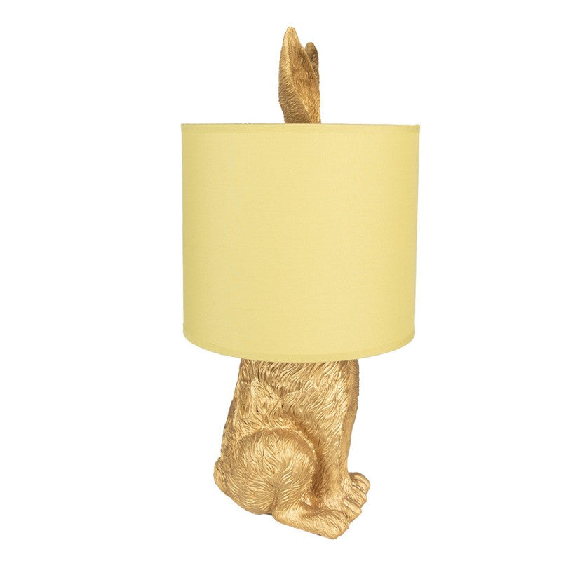 Tischlampe Kaninchen – dekorative Designlampe aus Polyresin in Gold mit gelbem Lampenschirm