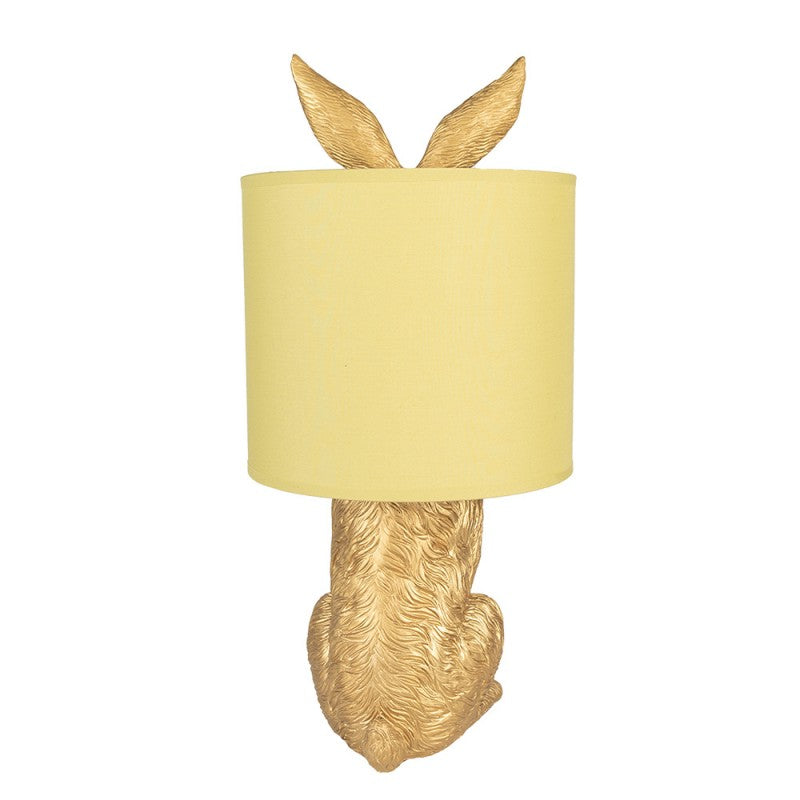 Tischlampe Kaninchen – dekorative Designlampe aus Polyresin in Gold mit gelbem Lampenschirm