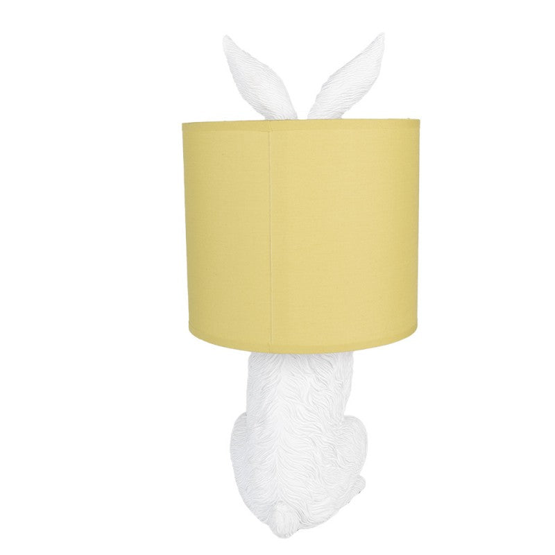 Tischlampe Kaninchen – dekorative Designlampe aus Polyresin in Weiß mit gelbem Lampenschirm