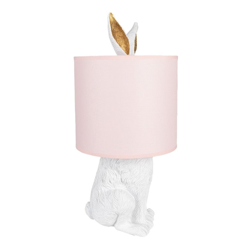 Tischlampe Kaninchen – elegante Designlampe aus Polyresin in Weiß mit rosafarbenem Lampenschirm