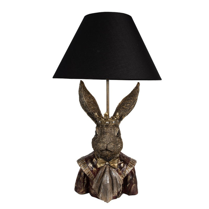 Tischlampe Kaninchen König – luxuriöse Designlampe aus Polyresin in Gold mit schwarzem Lampenschirm