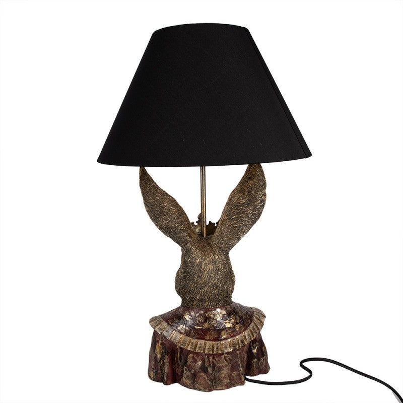 Tischlampe Kaninchen König – luxuriöse Designlampe aus Polyresin in Gold mit schwarzem Lampenschirm