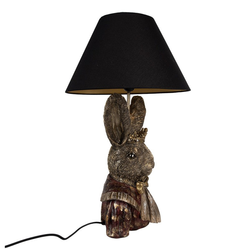 Tischlampe Kaninchen König – luxuriöse Designlampe aus Polyresin in Gold mit schwarzem Lampenschirm