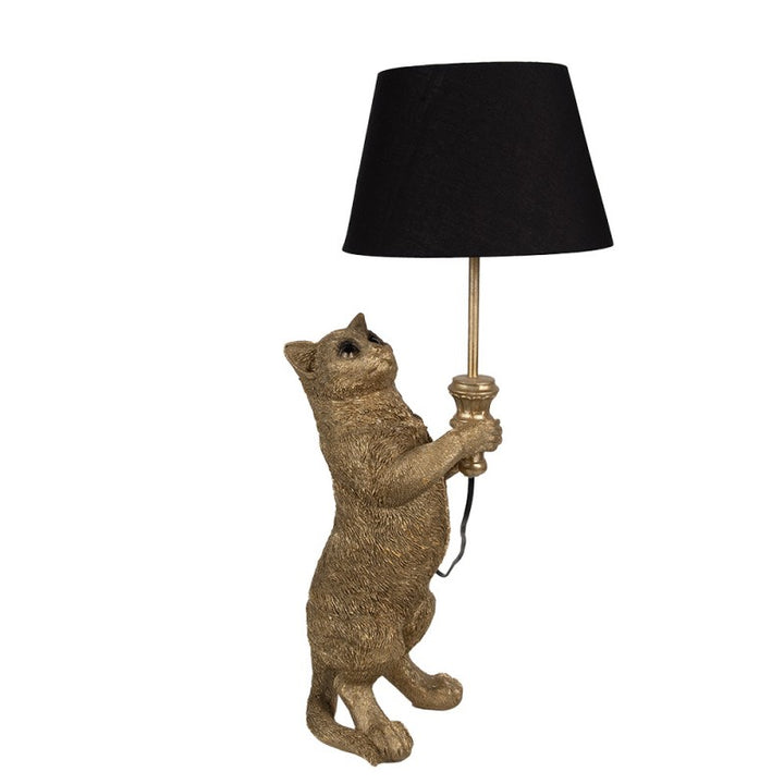 Tischlampe Katze – elegante Designlampe aus Polyresin in Gold mit schwarzem Lampenschirm