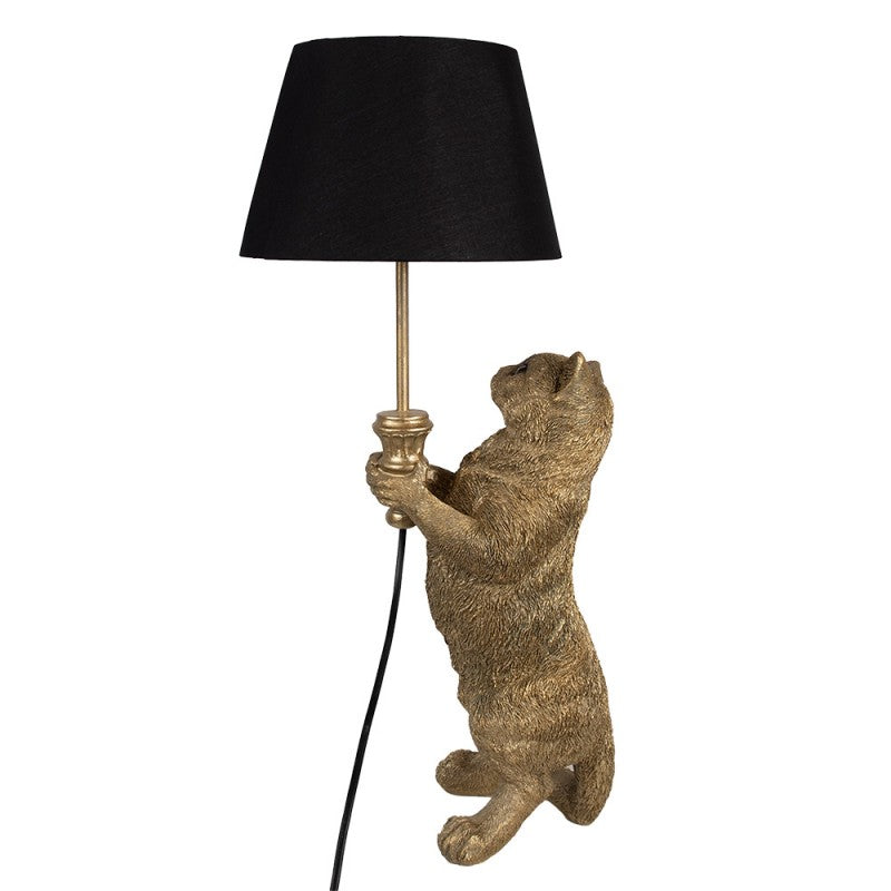 Tischlampe Katze – elegante Designlampe aus Polyresin in Gold mit schwarzem Lampenschirm