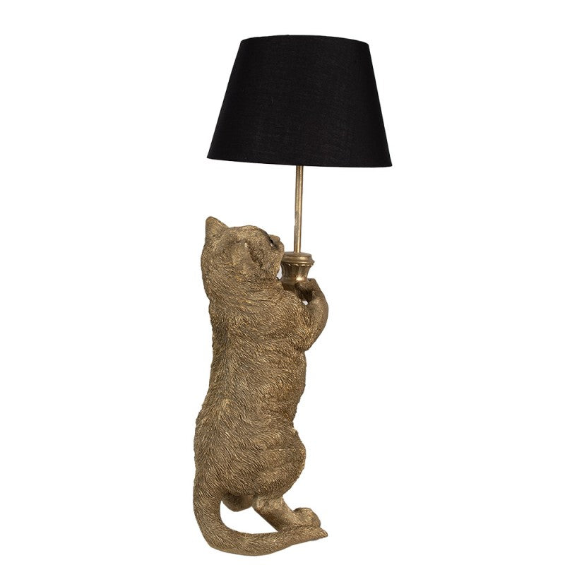 Tischlampe Katze – elegante Designlampe aus Polyresin in Gold mit schwarzem Lampenschirm