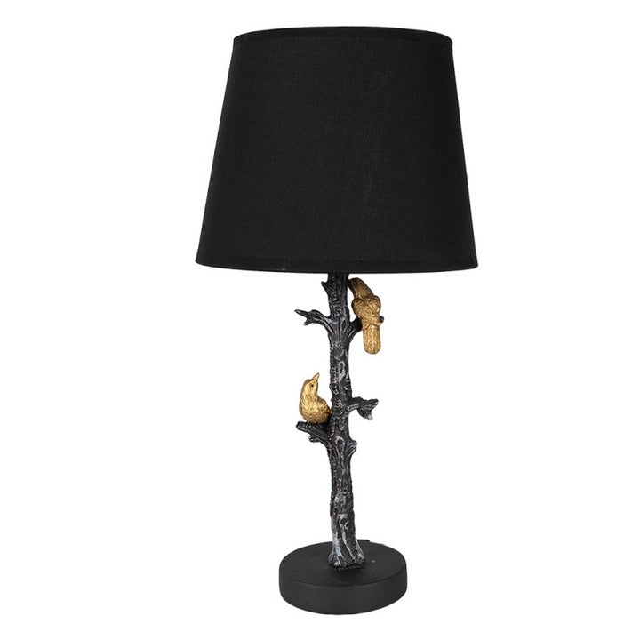 Tischlampe Vogel – stilvolle Tischleuchte mit Vögeln auf Zweigen in Schwarz Gold