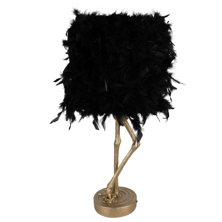 Tischlampe Strauß – extravagante Designlampe aus Polyresin in Gold mit schwarzem Federschirm