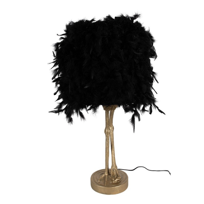 Tischlampe Strauß – extravagante Designlampe aus Polyresin in Gold mit schwarzem Federschirm