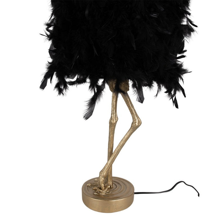 Tischlampe Strauß – extravagante Designlampe aus Polyresin in Gold mit schwarzem Federschirm